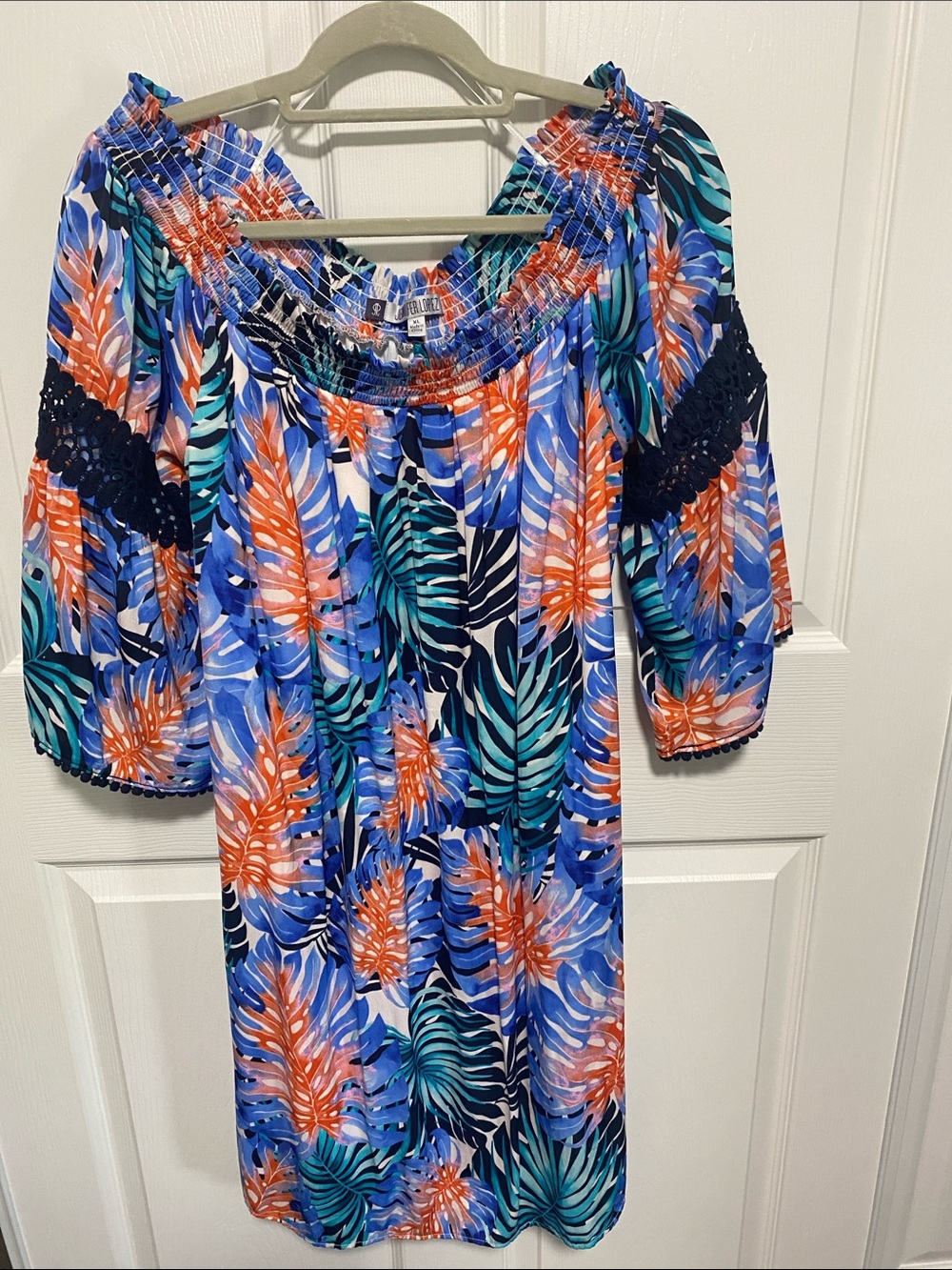 Jennifer Lopez Tropical Off/On Shoulder Smock Dress in Blue & Orange fully lined